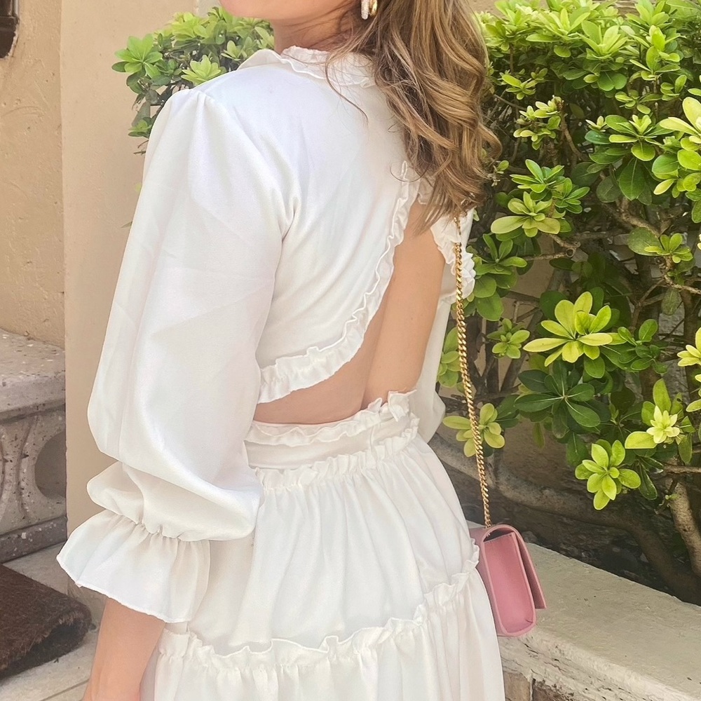 Open Back Plunge Neck Frill Flared Dress